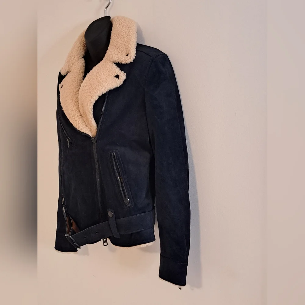 Coach Blue Suede Motorcyle Jacket with Cream Shearling  Collar Misses Size MED